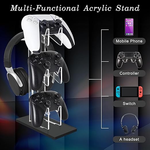 FYY Game Controller Holder 3 Tiers - Universal Dual Controller Stand Headphone Holder, Acrylic Black Controller Display Stand Compatible with Nintendo Switch Xbox PS5 PS4, Desk Mounts for Controller