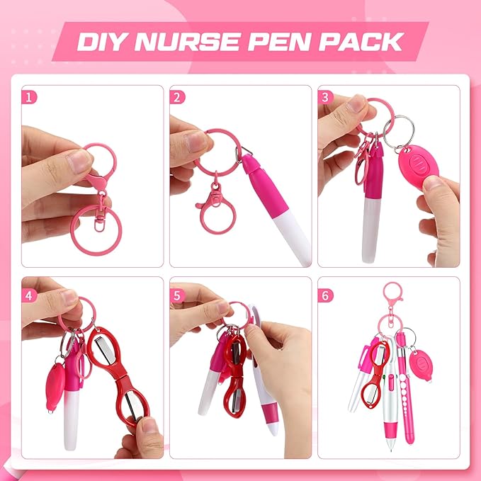6 Pcs Nurse Pen Set Include Permanent Marker Pen Retractable Ballpoint Pen Keychain Clip Foldable Scissors Lights LED Flashlight Keychain for Nurse Accessories(Pink)
