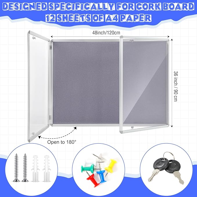 48"x36" Enclosed Bulletin Board Weather Resistant Lockable Outdoor Cork Fabric Display Board Aluminum Frame Wall Mounted 2 Locking Door for Office School Commercial 12xA4(Gray, Silver Frame)