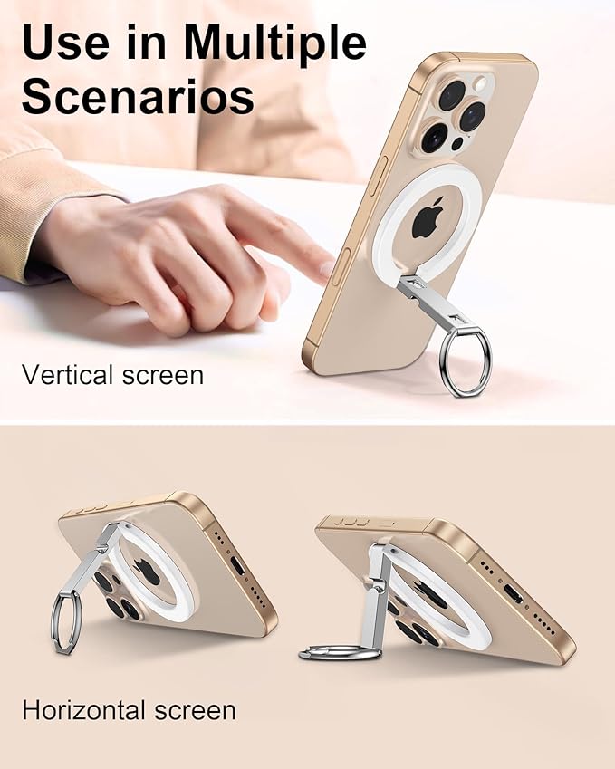 AILKIN Magnetic Phone Stand with Ring Holder, iPhone & Samsung MagSafe Grip Stand, Kickstand, Desk Holder, Magnetic Phone Grip & Ring for Case – White, Hands-Free Viewing, Secure Hold