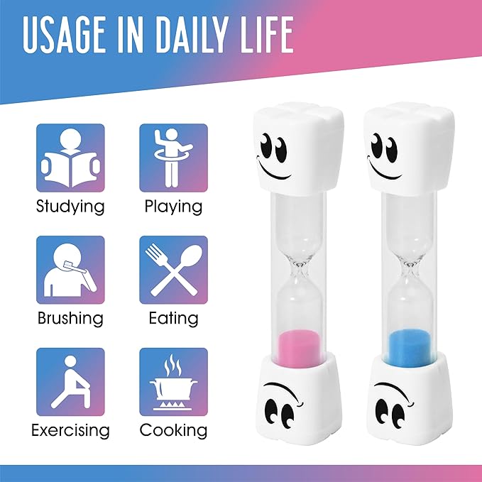 2 Minute Toothbrush Sand Timer for Kids - Set of 2 Small Blue and Pink Smiley Hourglass