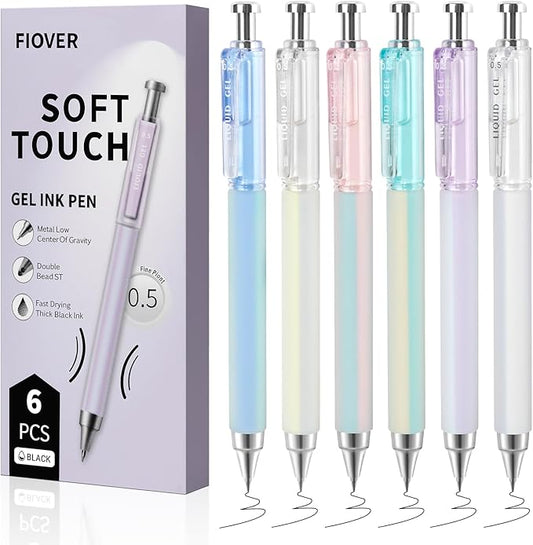 FIOVER Gel Pens, 6 Pcs 0.5mm Quick Dry Black Ink Pens, Fine Point Smooth Writing Pens, Retractable with Silicone Grip, High-End Cute Aesthetic Office School Supplies, Gifts for Women Men (6pcs black)