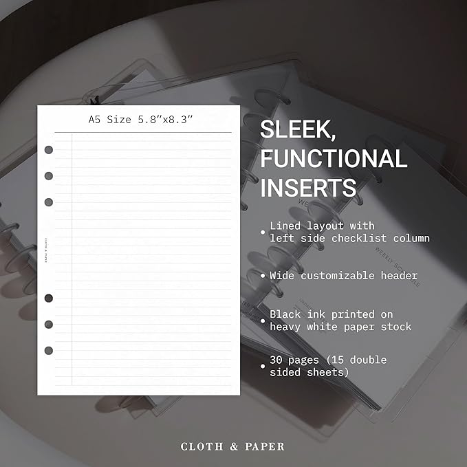 Cloth & Paper Task Planner Inserts – A5 Size 5.8 x 8.3 Inches | 6-Ring To-Do List 15 double sided Daily Planner Organizer Refills | Minimalist Design | Premium Paper for Notes & Reminders