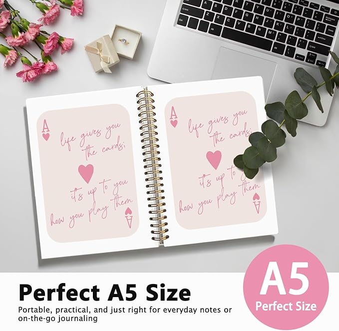 Trendy Ace of Hearts Notebook，Pink Lucky You Notebook，Preppy Gifts for Women, Pink Office Supplies, Hardcover Spiral Notebook 80 Sheets -160 Pages 5.5x8.3 Inch
