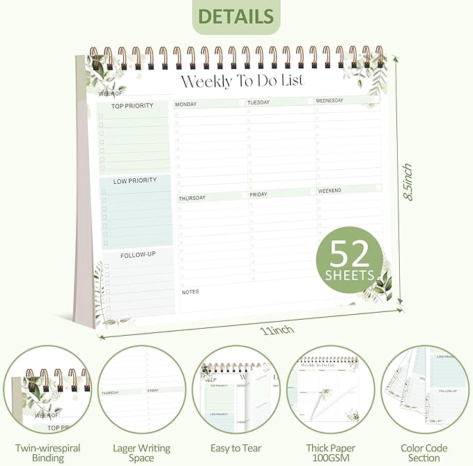 Weekly To Do List Notepad with 52 Undated Sheets (8.5"×11"), Desk Weekly Planner Notepad for Office Desk Accessories and School Supplies (Green)