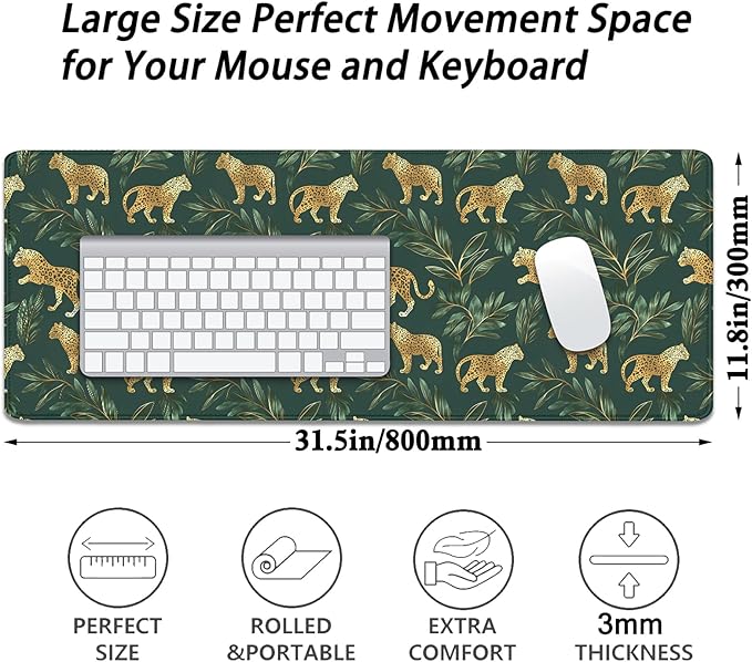Leopard Desk Pad Mouse Pad,XL Extend Leaves Gold Mouse Mat with Stitched Edges for Gift,Non-Slip Rubber Base Mousepad for Office PC Keyboard Laptop and Home Work Desk Mat(31.5X11.8 in)
