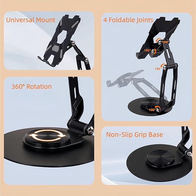 All-Metal Cell Phone Stand 360° Rotatable & Height Adjustable - 25KG Super Load-Bearing, Foldable Desk Stand for Phone & Tablet, Compatible with iPhone 17/16/15/14, Nintendo Switch, Black