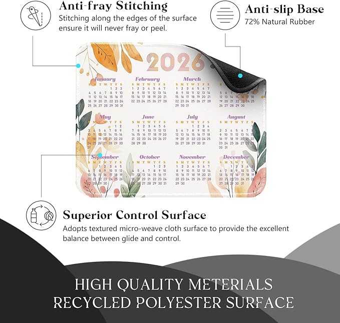 2026 Calendar Desk Pad Mat with Stitched Edges and Non-Slip Rubber Base, Premium-Textured Mouse Pad for Laptop, Computer & PC, Gaming & Working, Waterproof Mousepad