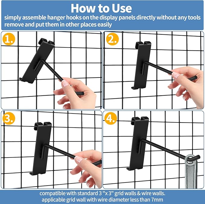 20Pcs Gridwall Hooks, Metal Grid Panel Hanging Peg Hooks, Grid Wall Accessory for Clothes Storage, Home Organization, Retail Display (Black, 10"/25Cm)