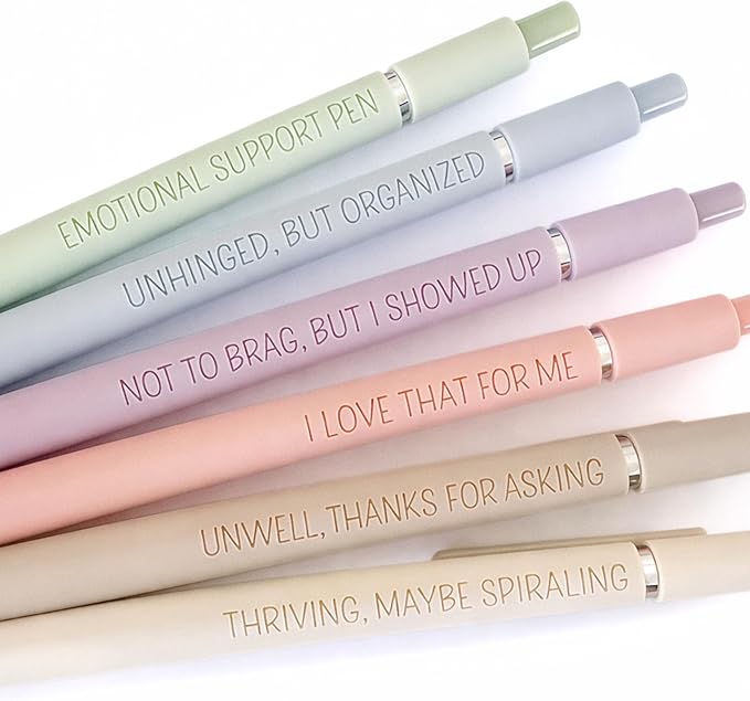 6-Pen Set | Unhinged But High-Functioning Engraved Soft-Touch Gel Pens｜Snarky Sarcastic Emotional Support Pens｜Office Supplies (Silver Pastel)