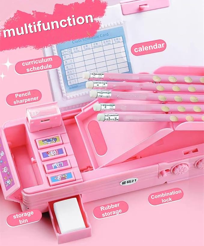 Pop up Multifunction Pencil Case for Kids, kawaii Pen Box Bag Pencil Holder for School Students,Cute Pencil box for Girls and Boys with Sharpener,Password Lock, Schedule, Whiteboard (Pink3)