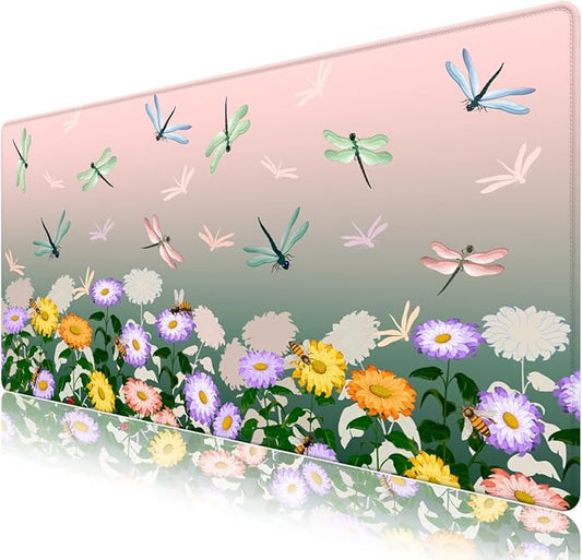 Pink Green Desk Pad Mouse Pad, Large Gaming Mouse Mat with Stitched Edges, Non-Slip Waterproof Rubber Base Mous Mat for Women Office Computer Keyboard Laptop Home (35.4X17.5 in), Floral & Dragonfly