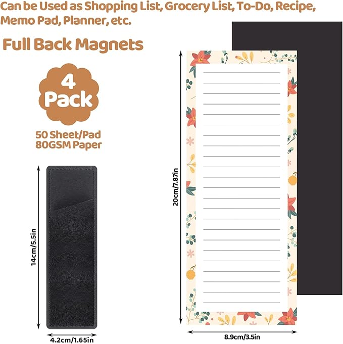 4 Pack Magnetic Note Pad for Fridge with Pen Holder, Totally 200 Sheets Magnetic To Do List, Shopping List, Grocery List, Memo Pads for Refrigerator（Floral Design）
