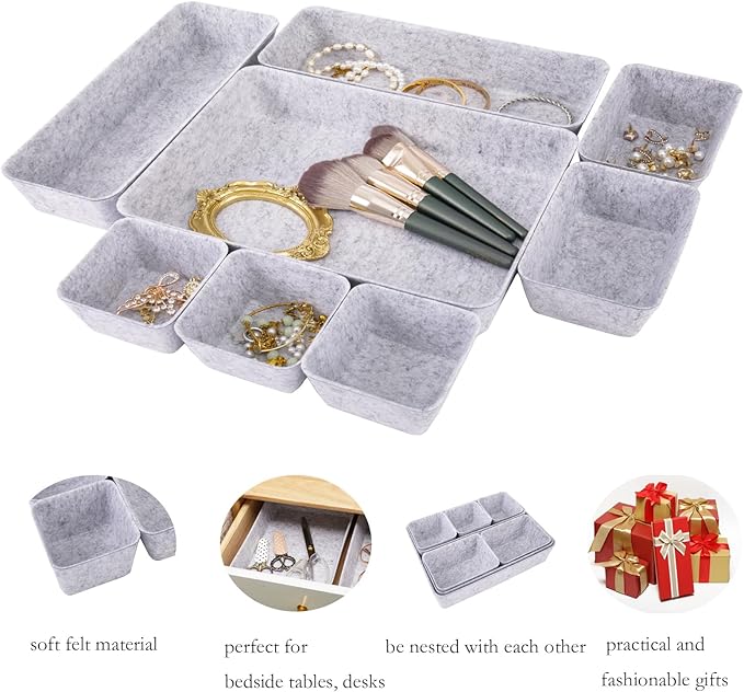 8pcs Drawer Organizer Bins, Felt Desk Organization Sets, Office Accessories & Workspace Organizers, Shallow Jewelry Makeup Storage Box Basket Shelf Containers Separators Inserts(Grey)