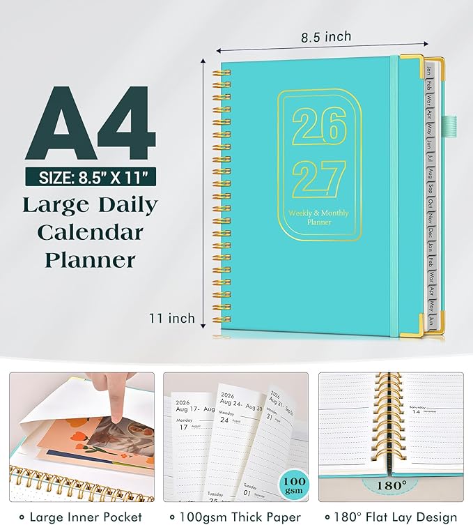 Planner 2026-2027, 18 Months Weekly and Monthly Hardcover Planner, January 2026 - June 2027, 8.5" x 11" A4 Large Daily Calendar Planner Book with Tabs, Spiral Yearly Agenda Organizer Notebook for School Work Home, Aquamarine