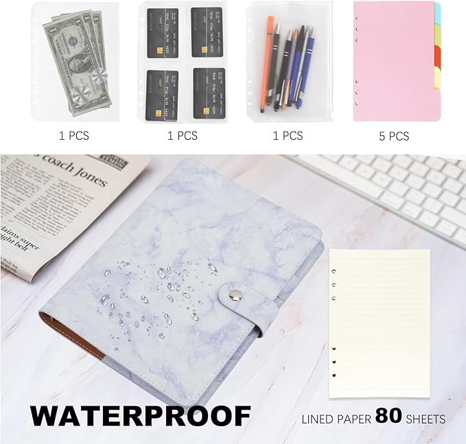 FYY A5 Binder Refillable Planner Notebook 6 Ring PU Leather Binder Journal with Pockets, Dividers, Refill Paper Marble Blue