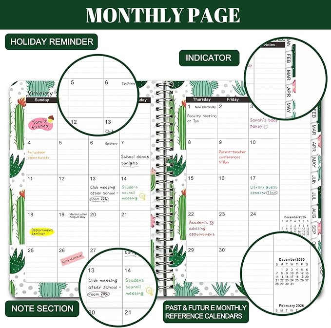 2026 Planner, Weekly and Monthly Calendar Planner for Women, Jan 2026 - Dec 2026, Hardcover Planning Agenda book with Tabs, Spiral Bound, Inner Pocket, Perfect for School Office Supplies, 6.2" x 8.5" - Cactus