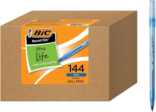 BIC Round Stic Xtra Life Blue Ballpoint Pens, Medium Point (1.0mm), 144-Count Pack of Bulk Pens, Flexible Round Barrel for Writing Comfort, No. 1 Selling Ballpoint Pens
