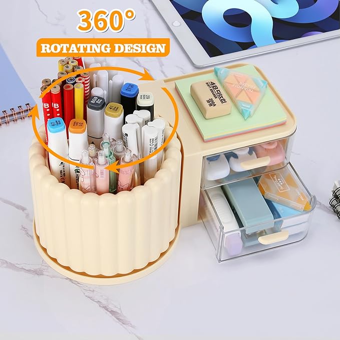 LETURE Rotating Office Desk Organizers and Accessories with 2 Drawer, Pencil Pen Marker Holder for Desk, Desktop Storage Organizers and Accessories for Office Home Art Supplies (Cream)