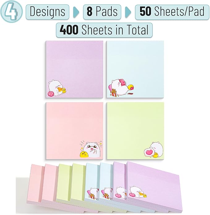 Mr. Pen- Sticky Notes, 3”x3”, 8 Pads, 400 Sheets, Cute Bear Sticky Notes, Sticky Pads Aesthetic