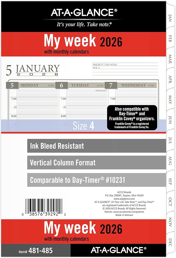 AT-A-GLANCE 2026 Planner Refill, Weekly & Monthly, 5.5" x 8.5", Desk Size 4, Column Style, Loose-Leaf (481-485-26)