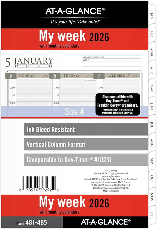 AT-A-GLANCE 2026 Planner Refill, Weekly & Monthly, 5.5" x 8.5", Desk Size 4, Column Style, Loose-Leaf (481-485-26)