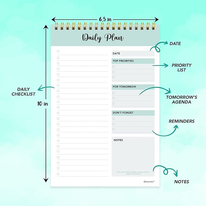 Decorably 52 Sheets Mint Green-Themed Undated Daily to Do List Notepad, 6.5x10in Spring-Bound Planner Pad, Easy Tear-Off Design, with Priorities, Checklist, Agenda, Reminders, Notes - Home, School