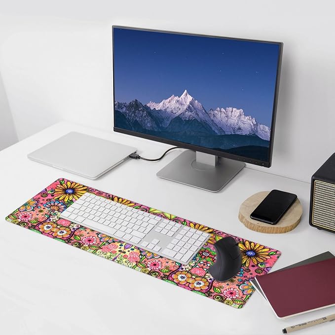 Hippie Flowers Large Mouse Pad with Stitched Edges Long Non-Slip Rubber Base Mousepad Laptop Keyboard Mat Desk Pad for Office Home Desk Decor, 31.5" X 11.8"