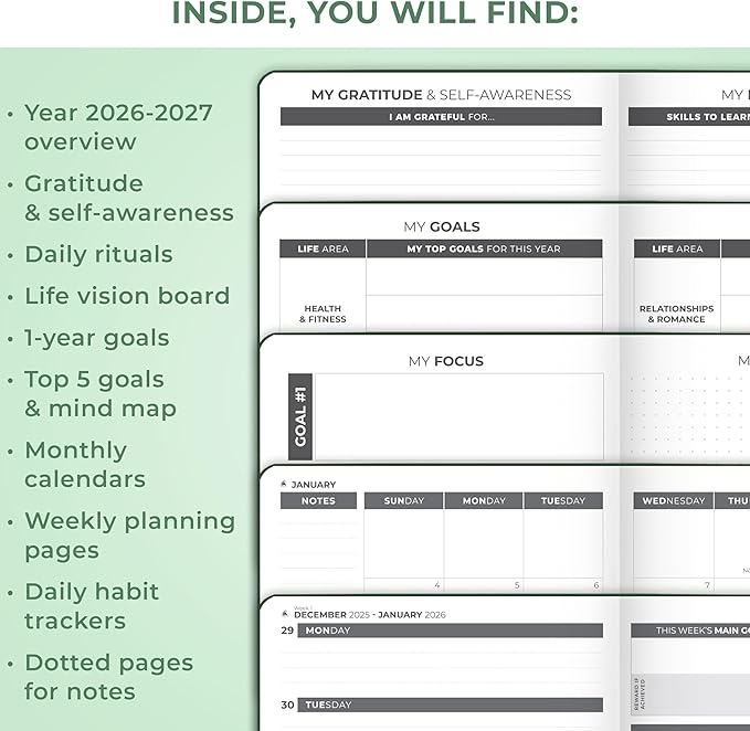 Clever Fox Dated Planner 2026-2027 – Weekly Life Planner Notebook for Time Management – Planner with Habits Tracker & To-Do List (Forest Green)