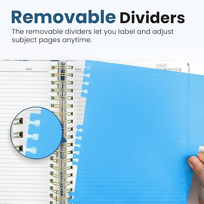 Large Spiral Lined Notebooks for Work with Removable Dividers & Tabs, 8.5"x11" Pretty Hardcover 5 Subject Notebook Journal for Women, College Ruled, Perfect for Study & Office Organization, 280 Pages,Blue Blooms