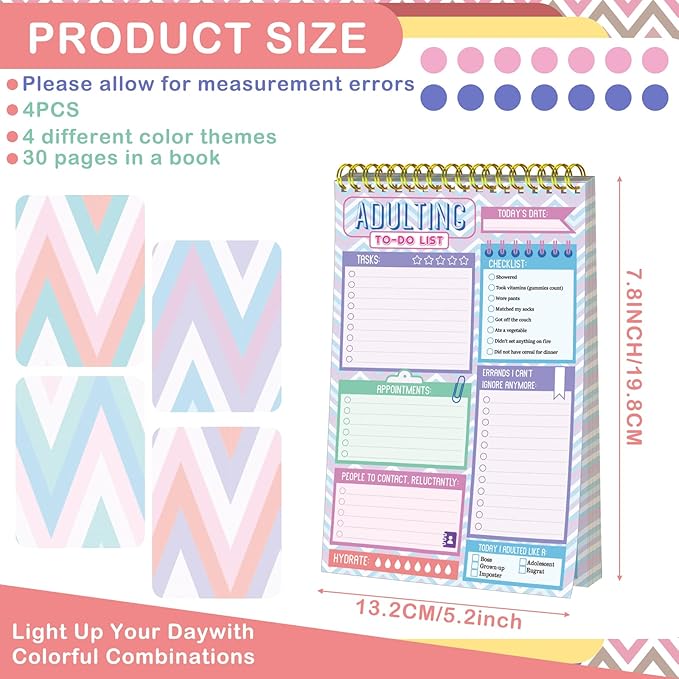 Glenmal 4 Pack 30 Sheets to Do List Notepad Adulting Note Pad Adult Notepads to Do List Notebook Checklist Daily Planner for Adult Office Memo Work Stuffers New Year, 5.2 x 7.8 Inches