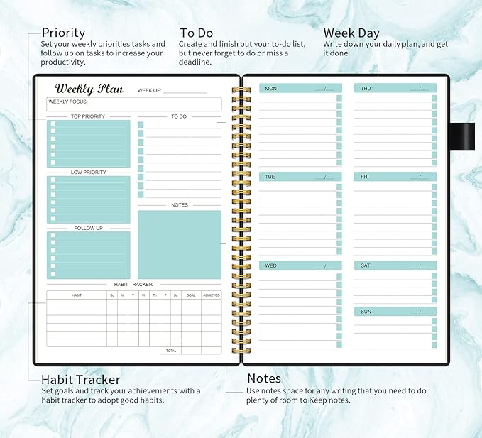 Weekly Planner Undated, Weekly Goals Schedule Planner with Spiral Binding, To Do List Notebook Calendars Organizers Habit Tracker Journal for Men & Women, Pocket,Pen Loop, 53 Weeks (5.5x8.5")