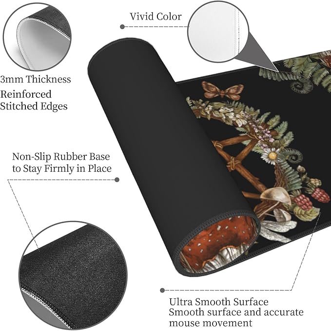 Pentagram Forest Magic Mushroom Witch Black XXL XL Large Gaming Mouse Pad for Desk, Non-Slip Long Extended Keyboard Pads Mousepad Rubber Table Mat 31.5 X 11.8 Inch