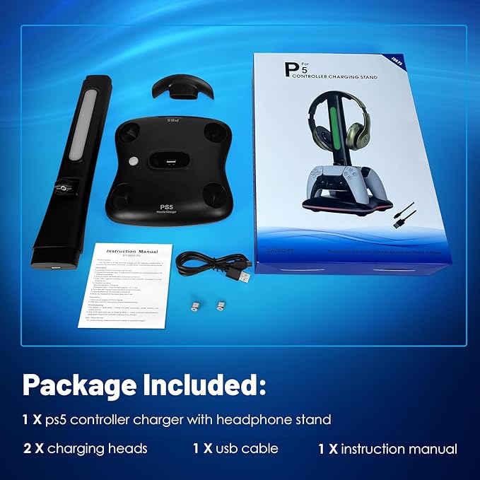 PS5 Controller Charger with RGB Headphone Stand, PS5 Controller Charging Station with 2 USB Port, Headset and Controllers Stand Holder for PlayStation 5, Gaming Gifts for Gamers Men