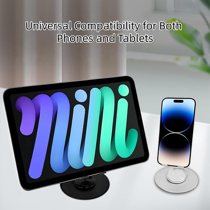 All-Metal Cell Phone Stand 360° Rotatable & Height Adjustable - 25KG Super Load-Bearing, Foldable Desk Stand for Phone & Tablet, Compatible with iPhone 17/16/15/14, Nintendo Switch, Black
