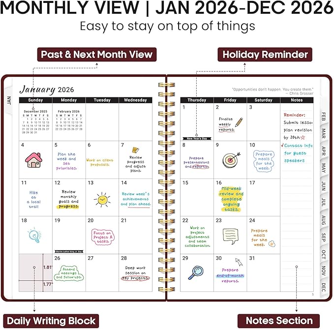 2026 Planner 8.5" x 11", Weekly and Monthly Calendar Planner Book, January 2026 - December 2026, Hardcover Spiral Planner with Monthly Tabs, Notes Pages, Perfect for Women & Men, A4 - Burgundy