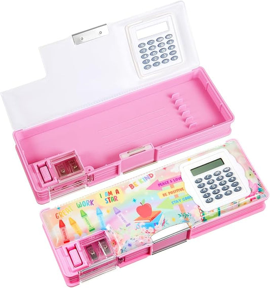 Henoyso Multifunctional Pencil Box for Girls Pink Inspirational Pencil Case with Calculator and Sharpener Cute Pencilcase School Supplies Essentials Christmas Birthday Gift Present for Kids Teens