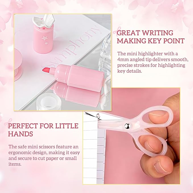 Christmas Gifts 7pcs Mini Stationary Kit with Compact Scissors Hole Punch Portable Stapler Mini School Supplies Kit Pink Stapler and Tape Dispenser Set for Students (Pink)