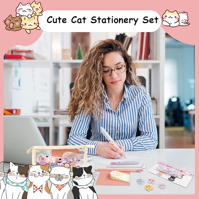 19 PCS Cute Cat Paw Stationery Set, Cartoon Mini Pencil Roller, Kawaii Magnetic Bookmarks, Correction Tape, Eraser, Multicolor Pens, Ruler, Highlighters Sticky Notes for Cat Lovers