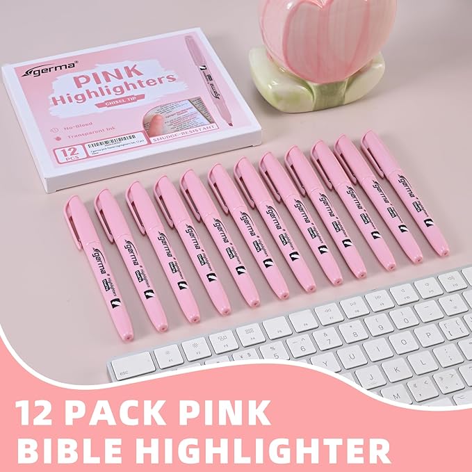 Pink Highlighter 12 Pack, Mild Pastel Color, Chisel Tip Bible Highlighters No Bleed, Quick-Drying, Cute Aesthetic Markers for Journaling, Bible Study, School Office Supplies
