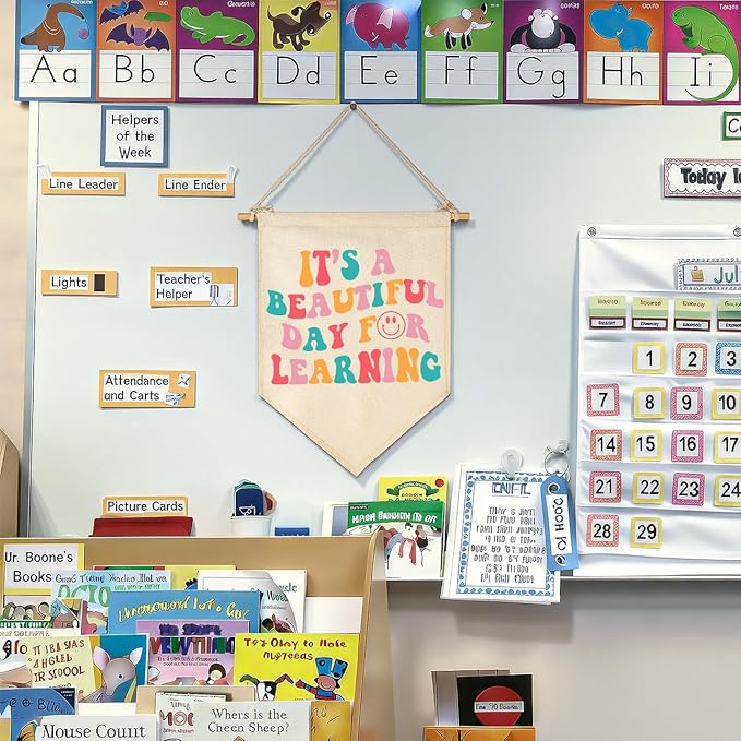Classroom Banner Wall Decor-Reading Room Sign-It's A Beautiful Day for Learning-Teachers Appreciation Week Gift-Canvas Hanging Pennant Flag Poster-Inspirational Positive Quote-Teacher Gift
