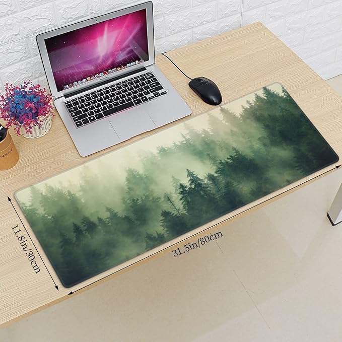 Green Forest Pine Fog Mountain Tree XXL XL Large Gaming Mouse Pad for Desk, Non-Slip Long Extended Keyboard Pads Mousepad Rubber Table Mat 31.5 X 11.8 Inch