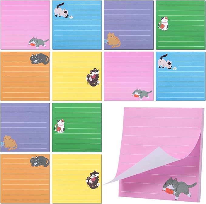 24 Pack Cat Sticky Notes, 6 Colors Lined to Do List Notepads, 3 x 3in Cute Animal Self-Stick Notes with Lines for Office, School (960 Sheets)