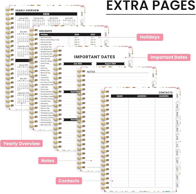 2026 Planner, Weekly and Monthly Calendar Planner for Women, Jan 2026 - Dec 2026, Hardcover Planning Agenda Book with Tabs, Spiral Bound, Inner Pocket, Perfect for School Office Supplies, 6.3" x 8.5" - Wildflowers