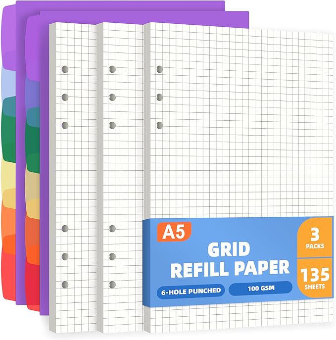 Antner A5 Grid Refill Paper Planner Inserts for A5 6-Ring Binder, 135 Sheets 6-Hole Graph Rule Loose Leaf Filler Paper Refills with 12PCS Binder Dividers for Refillable Notebooks, Bullet Journal, Math
