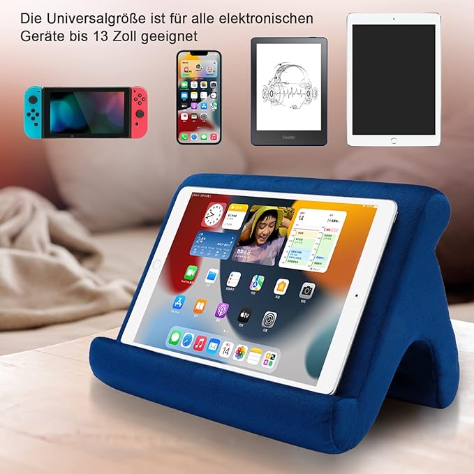 Tablet Pillow Stand Holder Dock for Bed with 3 Viewing Angles, Compatible with All Tablets,Phones and iPad Pro 9.7, 10.5,12.9 Air Mini 4 3, Kindle, E-Reader and Books(Navy)