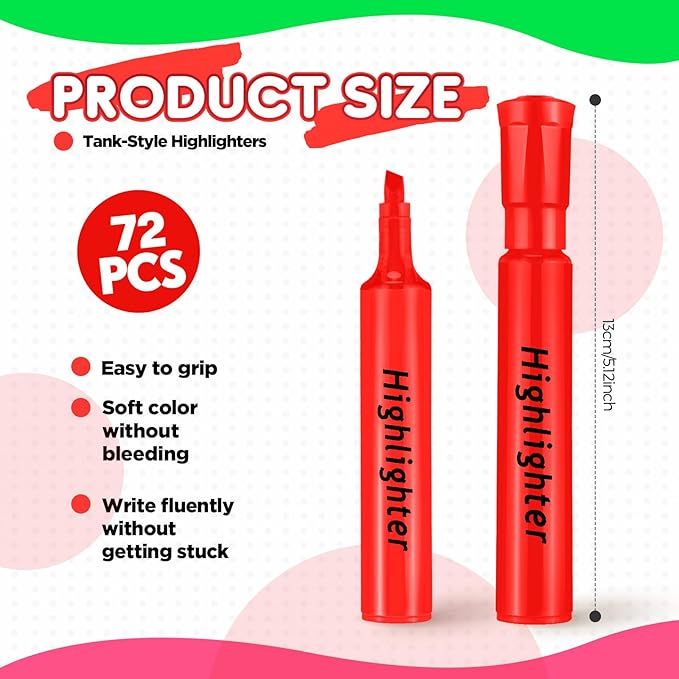Qilery 72 Pack Highlighters Bulk, Tank Style Chisel Tip Highlighters Markers Pack Quick Drying for Adult Coloring, Home Office Supplies (Red)