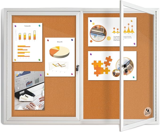Lockable Outdoor Enclosed Bulletin Board, Weatherproof Cork Noticeboard with Locking Door, Wall-Mounted Aluminum Framed Display Case for Messages (Silver Frame & Cork, 44x32 in)