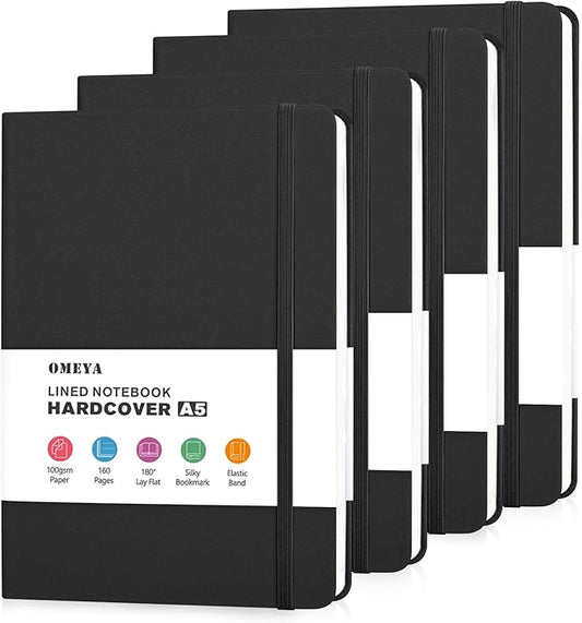 OMEYA 4 Pack Lined Journal Notebooks for Work, 100gsm Thick Paper, 5.7"x 8.3", College Ruled A5 Black Notebook Bulk, Leather Journal for Writing, Hardcover Notebooks for School, Office, Journal for Men