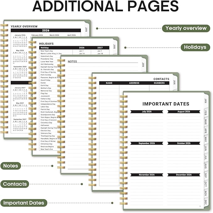 2026 Planner, Weekly and Monthly Calender Planner, Jan 2026 to Dec 2026, Hardcover 2026 Calendar Book with Tabs & Inner Pocket, Office Home School Supplies for Women & Men - A5 (6.3" x 8.5"), Green